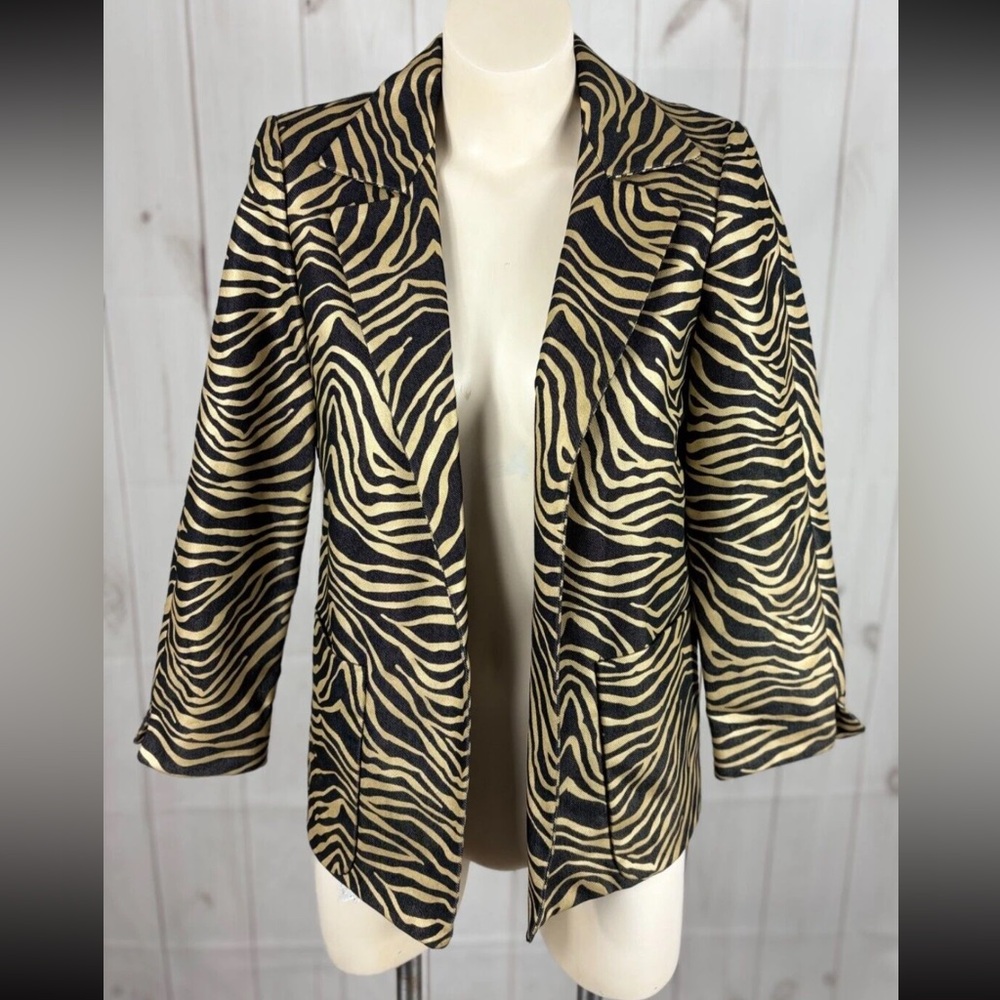 Linda Allard Ellen Tracy Metallic Gold Coated Denim Animal Print Jean Jacket - 4